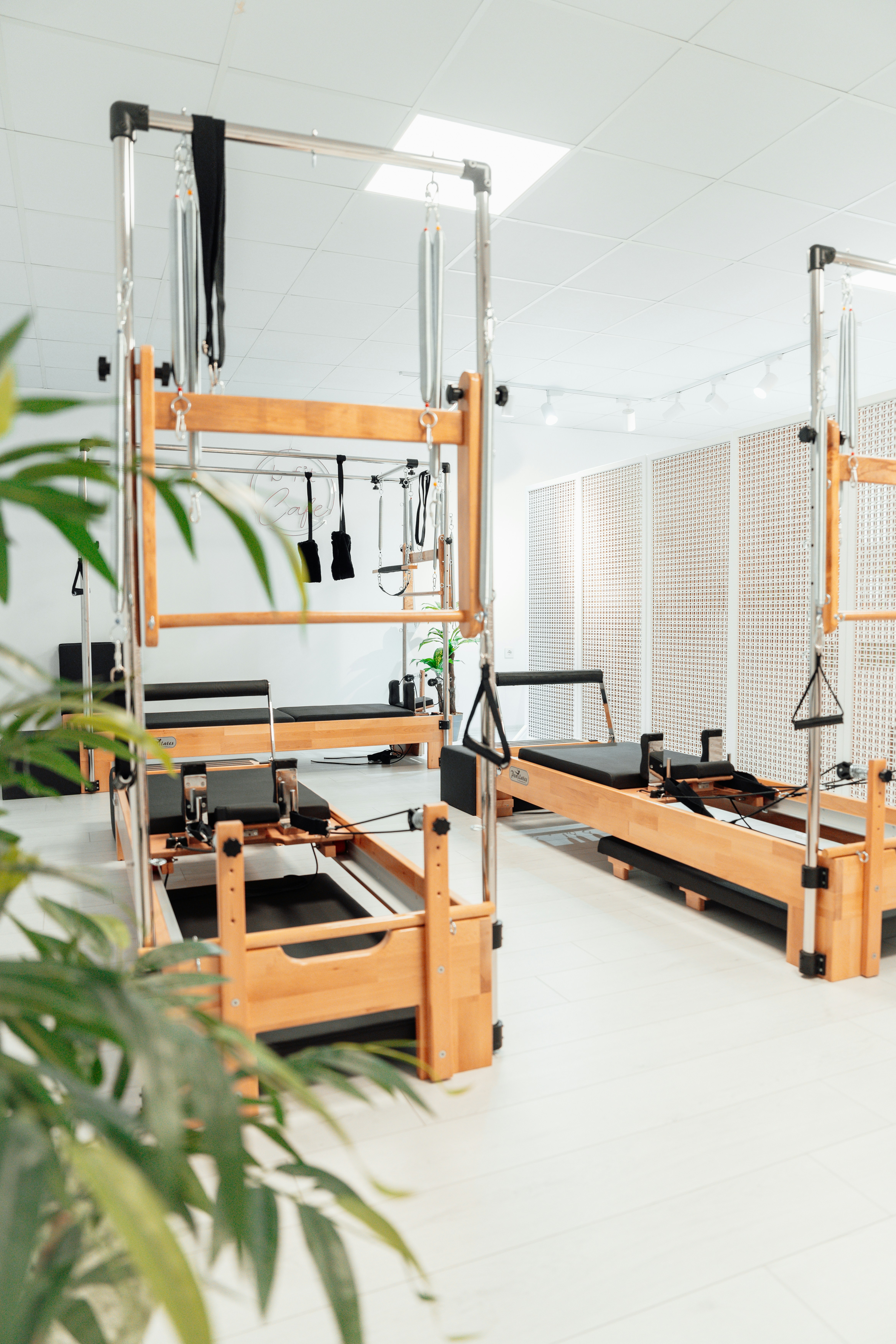 Pilates reformer machines in a studio with plants.
